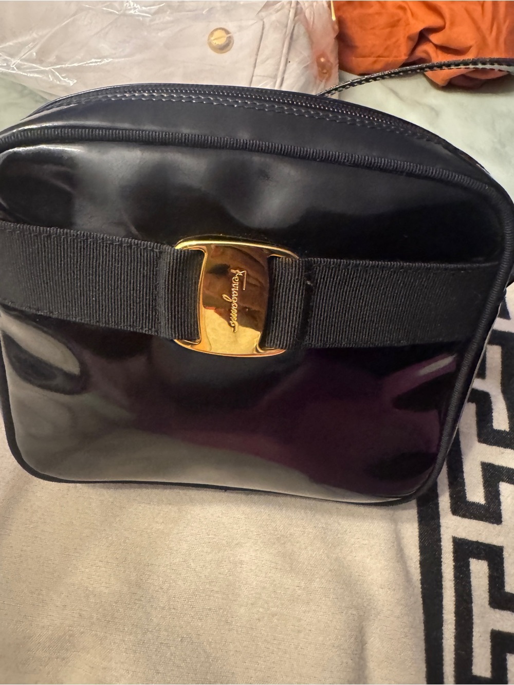 Salvatore Ferragamo Black Patent Leather Bag with Gold Logo Button